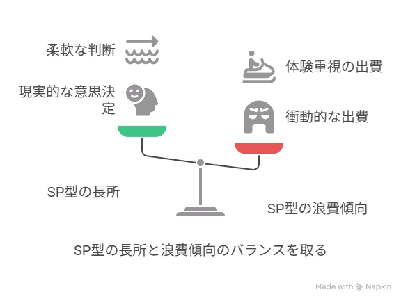 MBTI別貯金術 貯金におけるSP型の長所と浪費傾向を説明する図