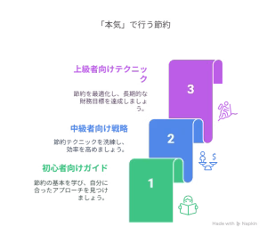 初心者から上級者まで本気の節約の過程を説明した図